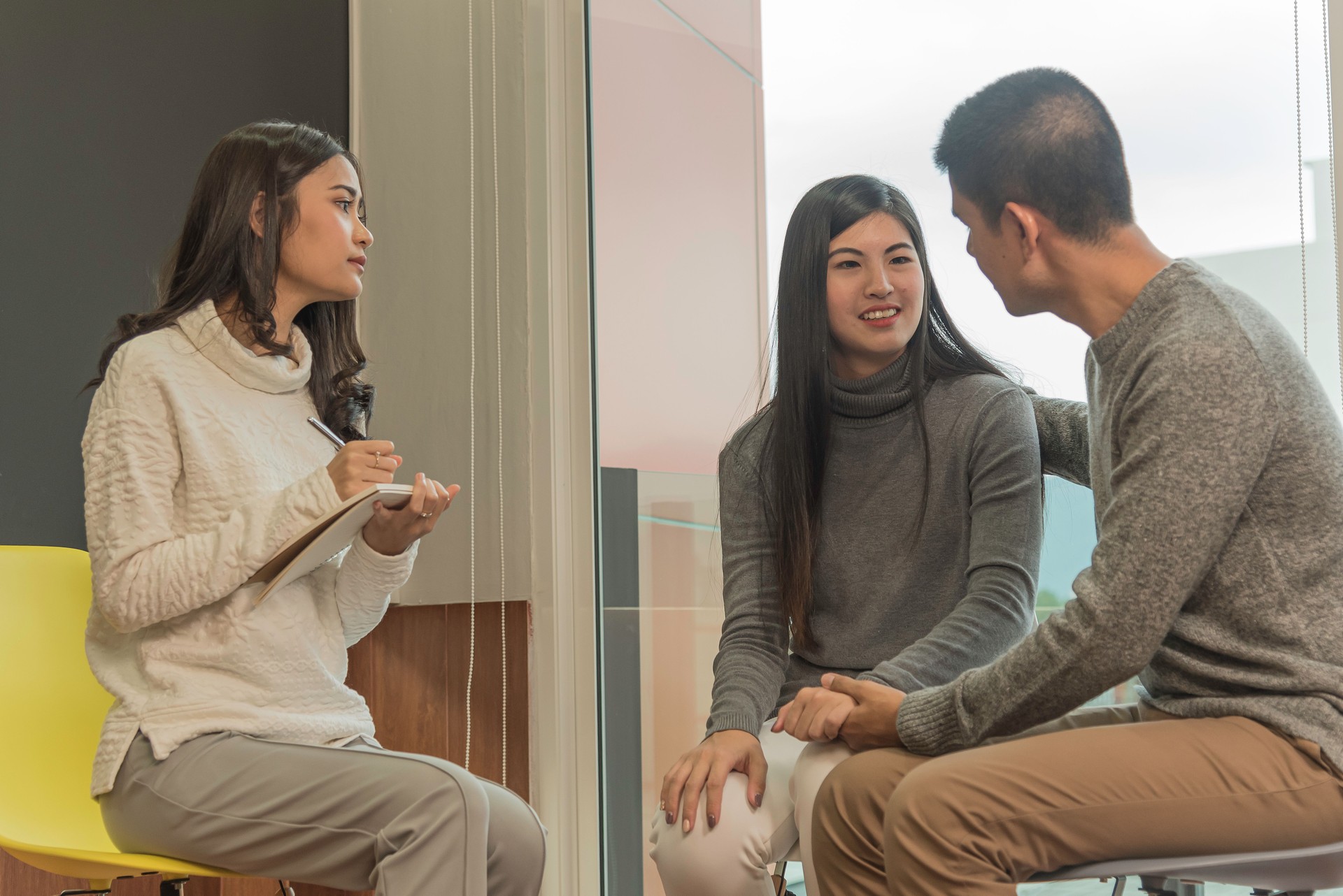 Asian doctor,gynecologist,psychiatrist consult and listen problem patient at relax room in hospital.